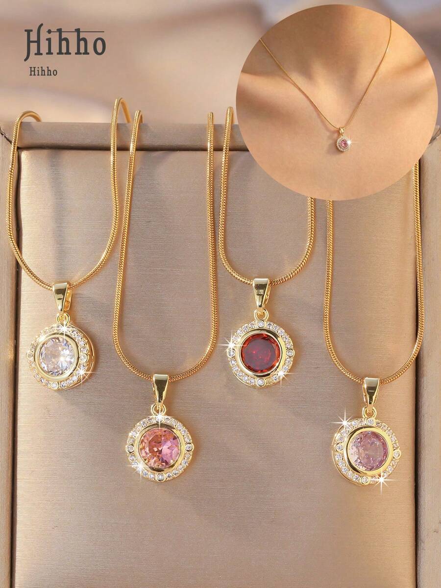 Hihho 1件圆形镶钻蛇骨链项链，镀金奢华款，适合不同场合和风格 - 圓形 - 查看 1