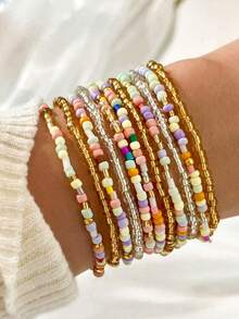 11pcs/Set Bohemian Style Handmade Beaded Crystal Glass Bead Multi-Layer Mixed Color Bracelet, Suitable For Women And Men, Ideal For Holidays, Parties, Daily Wear, Birthday Gifts, Friends, Couples, Exquisite Holiday Gift, Jewelry Gift - Multicolor - View 4