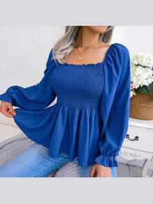 Long-Sleeved Chiffon Blouse With Ruffles And Square Neckline | Casual Style, New Spring/Summer Collection - 藍色 - 查看 5