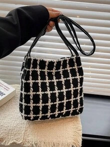 1件黑色针织面料金属按扣格子时尚百搭休闲简约别致春季新款单肩包，适合女性日常使用 - 黑色 - 查看 11