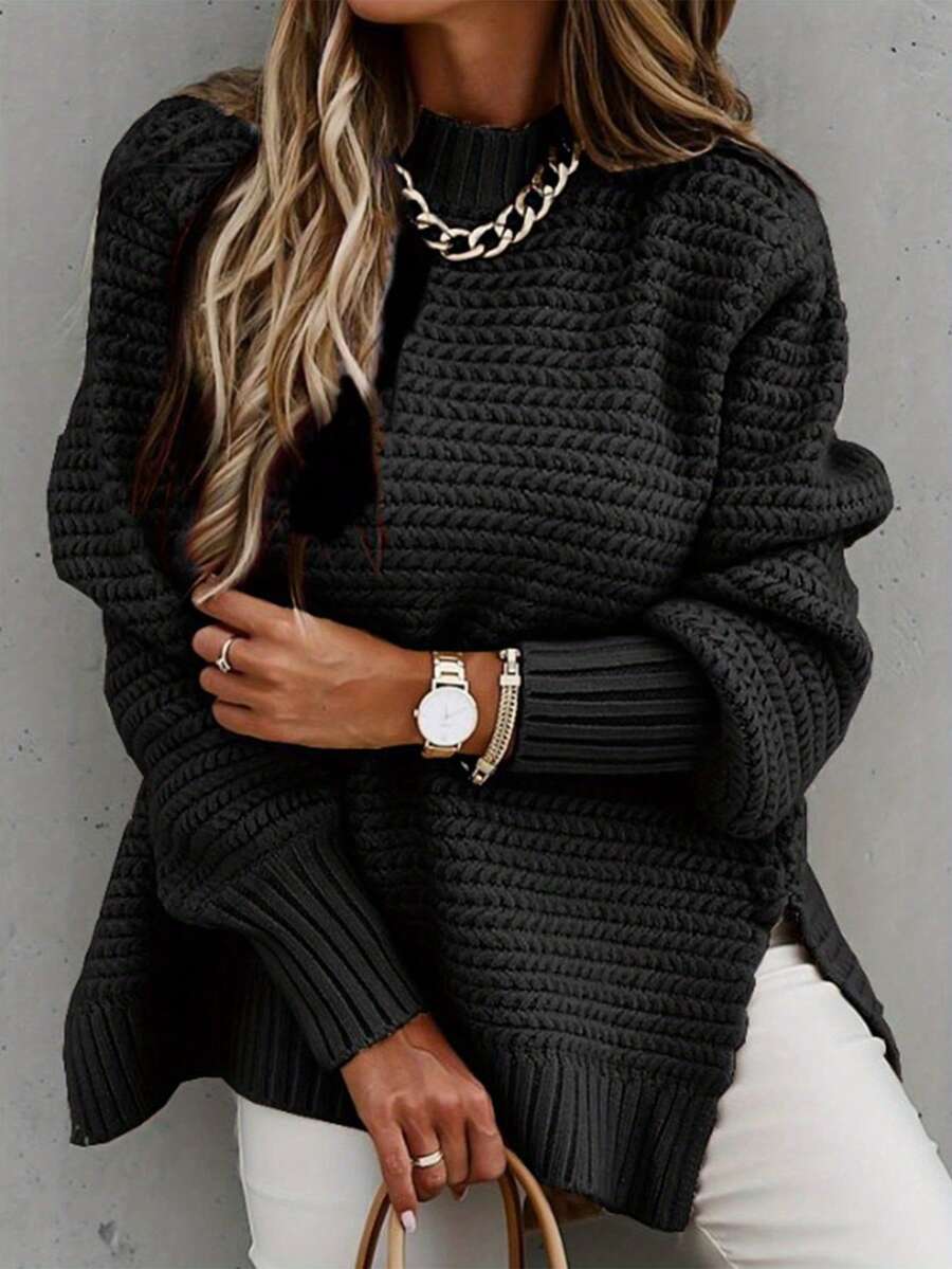 Chunky Mock Neck Knit Sweater, Long Sleeve Balloon Sleeve Pullover Fall Winter Outfit, Relaxed Fit Side Slit Textured Knit Top | Soft Breathable Knit | Multi-Color Options | Perfect With Jeans Casual Textured Knit Balloon Sleeve Sweater | Mock Neck & Ribbed Cuffs | Oversized Loose Fit | Soft Lightweight Fabric | Streetwear & Lounge Essential | Vibrant Solid Colors | Brunch & Date Outfit