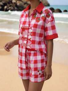 Spring/Summer Women 2-Piece Set, Red & White Plaid Tomato & Fish Print Short Sleeve Shirt And Drawstring Shorts, Italian Casual Holiday Beach Outfit - Multicolor - View 6