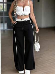 Y2K浅绿灰色高腰阔腿裤，欧美宽松休闲裤，春夏百搭显瘦直筒阔腿裤 - 黑色 - 查看 3