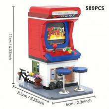 589 piezas Conjunto de bloques de construcción de máquina de juegos de arcade retro - Mini escena de esquina de la calle con silla y bicicleta, adecuado para adolescentes y adultos de 14+, ideal para colección y regalo - Rojo - Ver 8