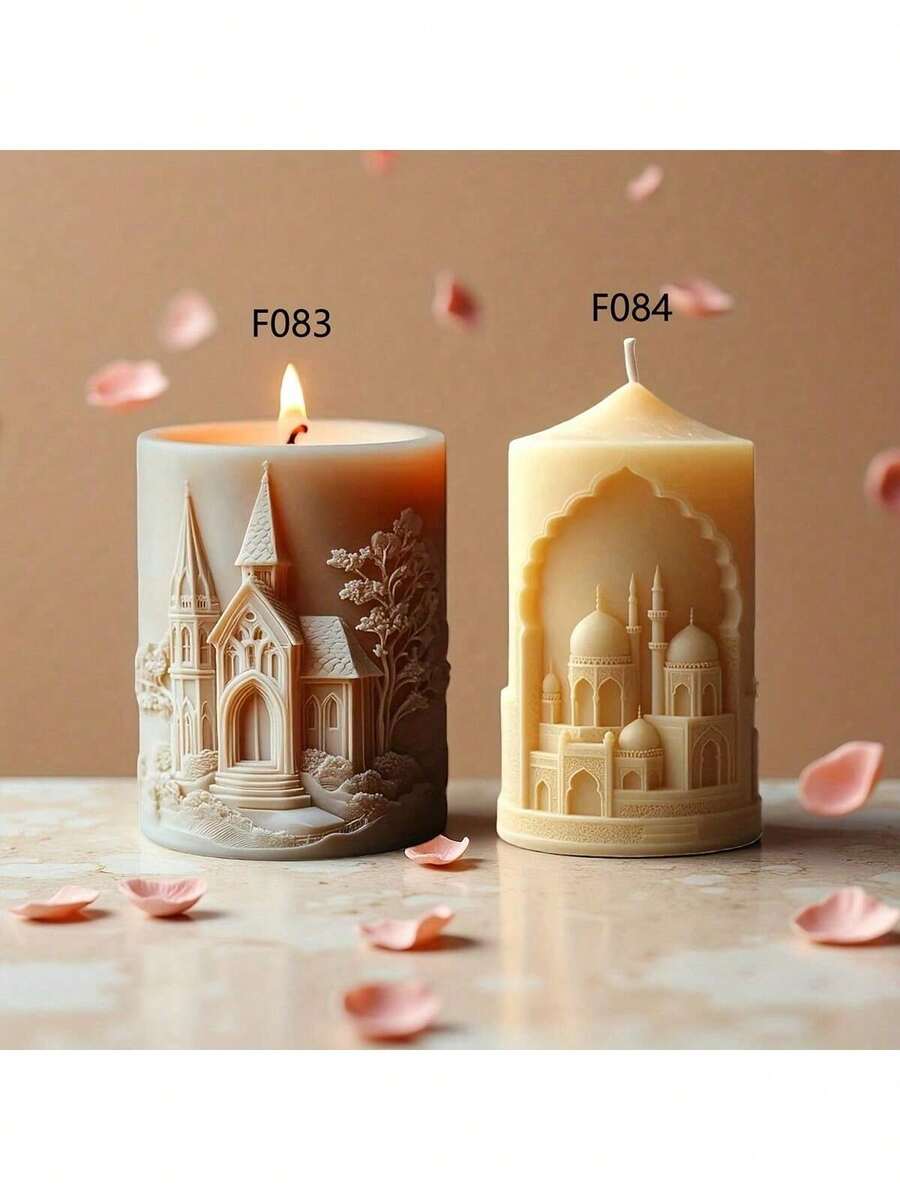 Church Embossed Cylindrical Candle Silicone Mold, Conical Spire House Candle Silicone Mold, Round Spire Tower House Embossed Cylindrical Tree Resin Silicone Mold, Arched Window Castle Embossed Cylindrical Concrete Cement Plaster Mold - Cylinder - View 1