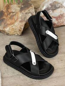 2026新款男童露趾凉鞋，休闲撞色交叉绑带平底拖鞋，儿童夏季防滑沙滩鞋 - 黑色 - 查看 1