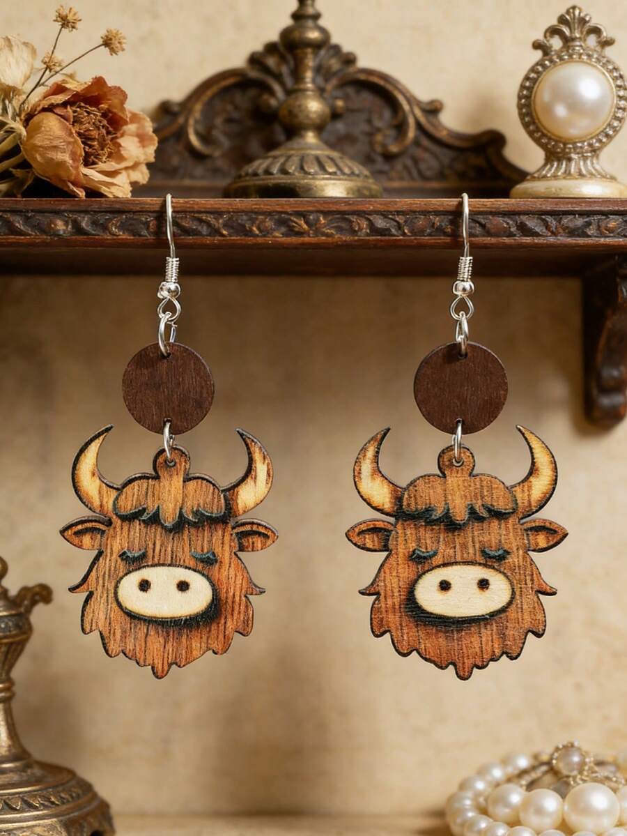 Cute Little Cow Shaped Double-Layer Earrings, Boho Style Wooden Earrings - Multicolor - View 1