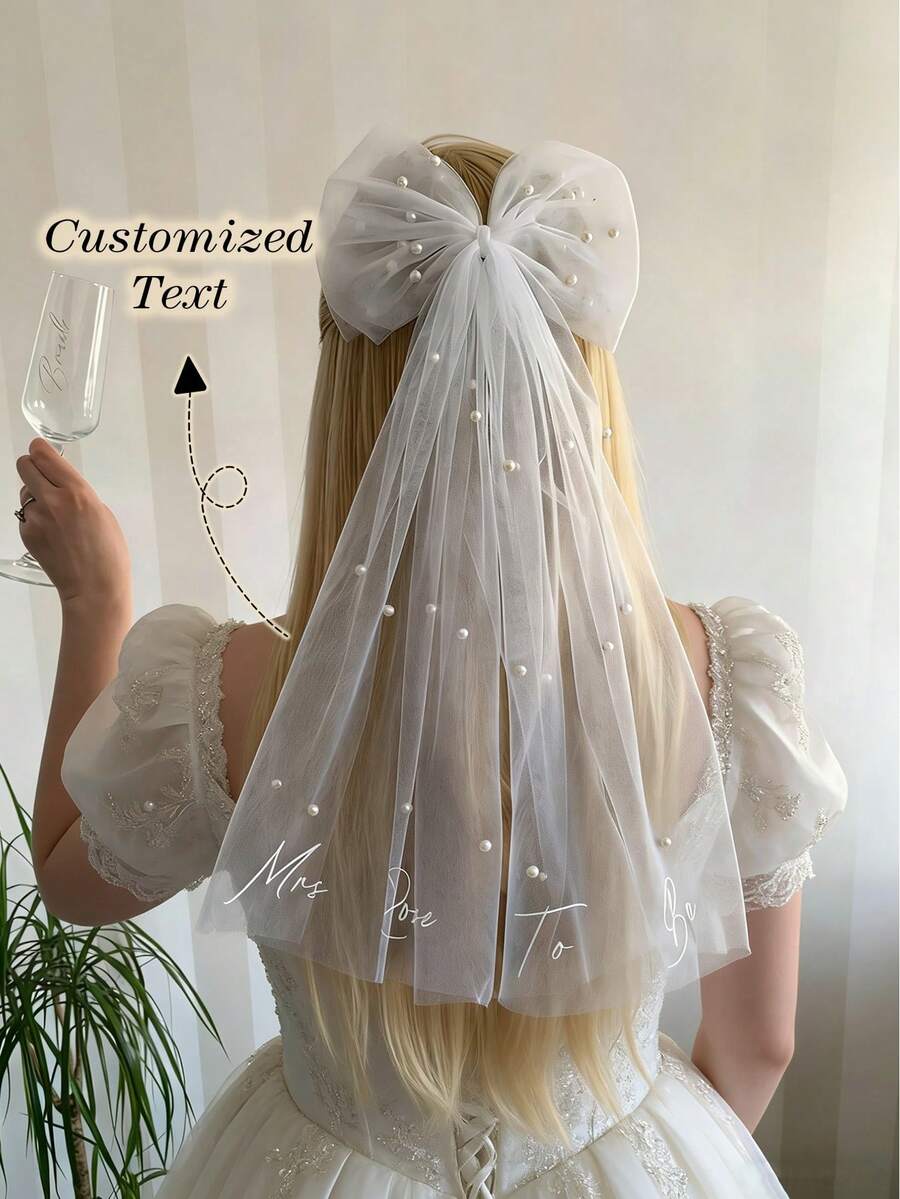 Personalized Bridal Veil With Bow, Wedding Veil, Bridal Party Veil With Bow And Pearl - Multicolor - View 1