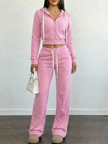 Valentine's Day, Loungewear Outfit, Gifts For Her Women's Cozy Pink Velour Two-Piece Tracksuit Set With Cropped Zip-Up Hoodie And Wide-Leg Pants For Casual Wear - Hồng - Xem 7