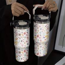 1pc/5pcs 30oz Stainless Steel Floral Insulated Tumbler, Suitable For Mother's Day, Easter, Valentine's Day, Theme Parties, Birthdays And Other Holidays. Floral Print Design, Keeps Drinks Hot/Cold, Fashionable Style. Multifunctional Cup For Daily Use! Ergonomic Handle Design, Anti-Drop , Easy To Clean. - Multicolor - View 6