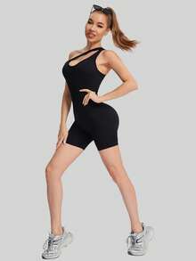 MathCat Women's Off-Shoulder Strap Seamless Jumpsuit, Sporty 3/4 Length Shorts Yoga Wear, Bodysuit Cycling Shorts For Fitness Running, Sexy Body-Shaping And Butt-Lifting, Suitable For High-Intensity Training, Yoga, And Spinning. - 黑色 - 查看 5