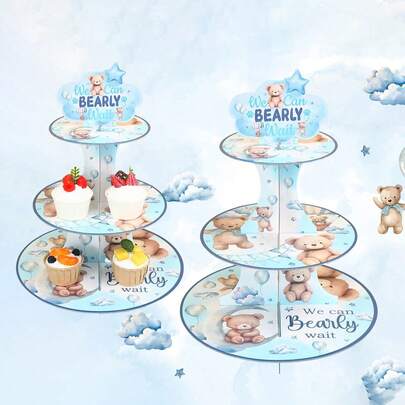 Giá đựng bánh cupcake chủ đề gấu bông, tháp bánh ngọt 3 tầng cho tiệc mừng em bé trai, đồ trang trí tiệc mừng em bé sắp chào đời.