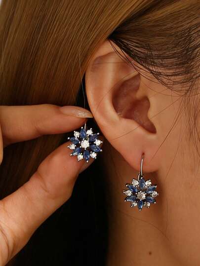 1 Pair Flower Hoop Earrings Women Fashion Blue Crystal Stud Earrings Bohamian Party Birthday Bridal Wedding Jewelry Gift For Girlfriend Couple Lovers