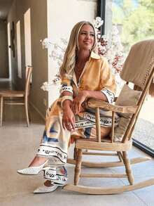 2pcs Set: City Print Shirt With Decorative Trim & Wide Leg Pants, Fashion Style - trái cam - Xem 5