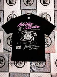 Plus Size Hellstars Broken Hearts Service Retro Phone Graphic T-Shirt,220g 100% Cotton,Round Neck Short Sleeve,Black Streetwear Essential For Summer Going Out,Unisex Style - Black - View 1