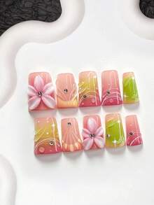 10pcs French Style Acrylic Nail Art Set, Including Solid Color, Water Wave, Raindrop, White Edge Outline French Tip, 5-Petal Pink Flower, Shell Pattern Nail Stickers, Pink Nail Polish, Summer Holiday Nails, With Nail File (1 Jelly Sticker + 1 Nail File), 3 Sizes Available: Almond, Duck Mouth, Coffin - Nhiều màu - Xem 12