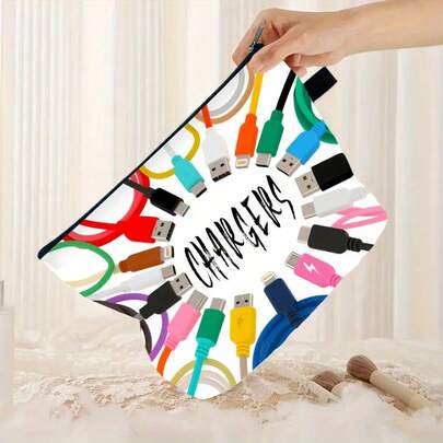 Charger Print Polyester Handbag, Fashionable Lightweight Cosmetic Bag, Cable Organizer Pouch, Toiletry Bag, Multi-Purpose Zipper Storage Bag, Washable, 3D Print Design, Suitable For Women And Men
