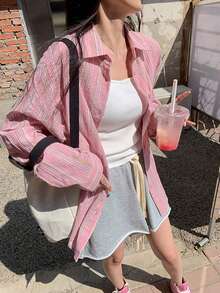 粉色条纹长袖防晒衬衫，女士夏季新款宽松休闲上衣 - 粉色 - 查看 2