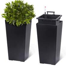 Tzou Set Of 2 Tall Self-Watering Planters – Modern Black & White Plant Pots – Drainage Holes, Water Level Monitor, Removable Inner Bucket - 黑色,高 22.4 英寸 - 查看 1