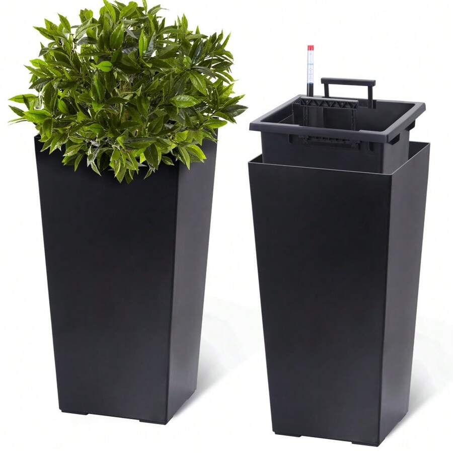 Tzou Set Of 2 Tall Self-Watering Planters – Modern Black & White Plant Pots – Drainage Holes, Water Level Monitor, Removable Inner Bucket - 黑色,高 22.4 英寸 - 查看 1