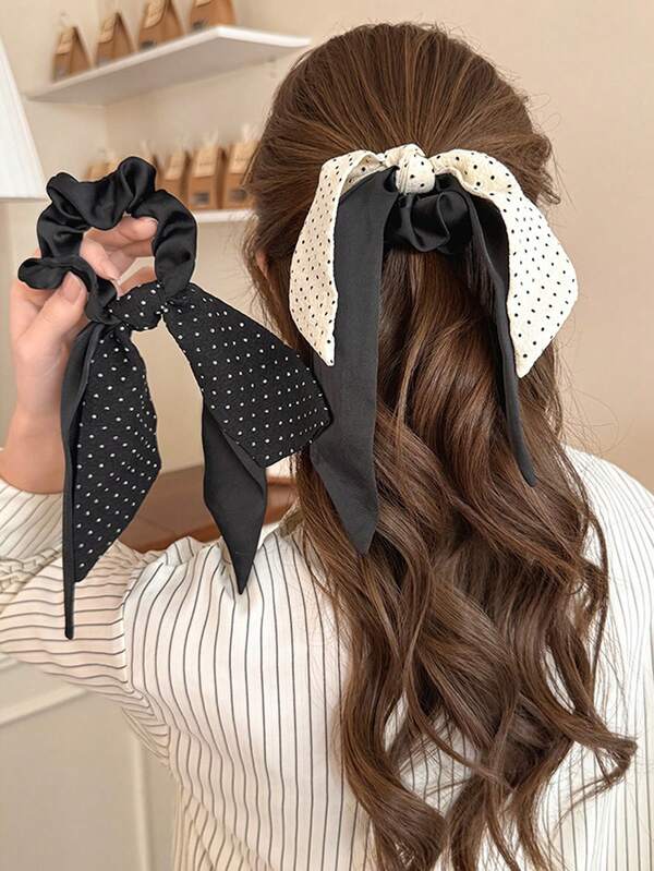2pcs/1pc Women Elegant Princess Style Vintage Casual Street Polka Dot Bow Scrunchies, High Elasticity, Large Size 24cm/9.44in (Measured On The Longest Side), Black/Beige Dot Bow Ribbon Ponytail Holder, Suitable For Daily, School, Vacation, Party, Gift