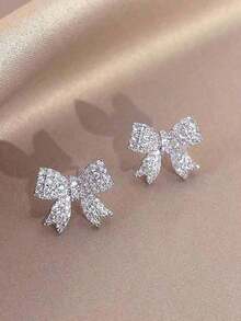 1Pair Sparkling Crystal Bow Knot Stud Earrings For Women Ear Dainty Wedding Valentine's Day Xmas Gift Valentines,Mom,Mother,Mother's Day,Gift - Hoa tai nơ - Xem 5