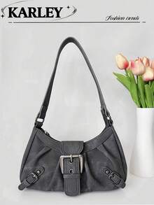 Fashionable Retro Women's Bag, Versatile Mini Motorcycle Bag, Y2K Babe Bag, Shoulder Underarm Bag, Pleated Baguette Bag, Ombre Gray Denim Effect PU Leather Women Handbag - Grey - View 9