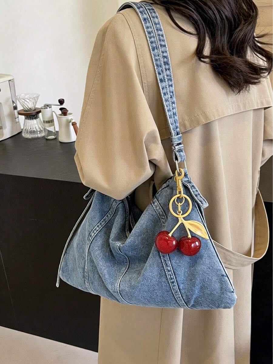 1pc Fashion Striped Patchwork Washed Canvas Crossbody Bag For Women, Suitable For Travel, Outing And Gatherings - Blue - View 1