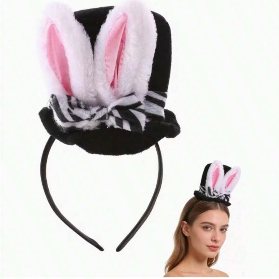 1pc Easter Bunny Ear Hat | Adult Plush White Rabbit Headband With Black Headband, Made Of Polyester, Hand Wash Only - Multicolor - View 1