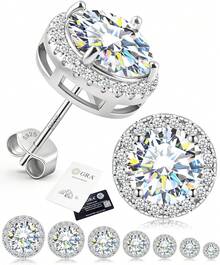 Moissanite Earrings For Men, Solid S925 Sterling Silver And 18K Golden Plated Halo Stud Earrings For Women Valentine's Day Mother's Day Gifts - D Color VVS1 Hypoallergenic Dainty Moissanite Jewelry For Sensitive Ear, 0.2CT-10CT, 3-11mm - 銀色 - 查看 12