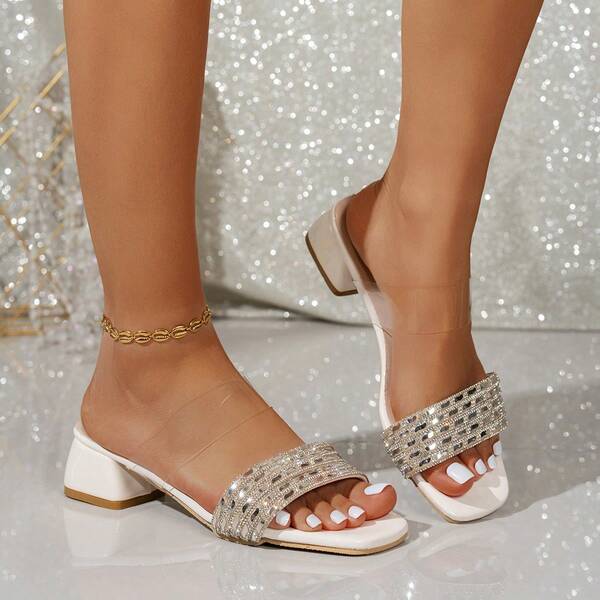 2026 Summer New Square Toe Low Chunky Heel Slides, Comfortable Non-Slip Open Toe Mules, Daily Commute & Vacation Sandals, Fashion Rhinestone High Heels For Women