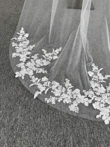 1pc Floral Print Tulle Wedding Veil, Long Cathedral Length Soft Tulle Metal Comb Bridal Headpiece, Autumn Bridal Accessories For Women - Multicolor - View 10