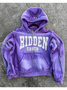 Men's & Women's High Street Retro Hooded Zipper Sweatshirt, Loose Casual Cardigan Jacket Top - 紫色 - 查看 2