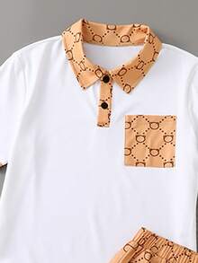 Set de 2 piese, stil preppy, pentru băieți preadolescenti, tricou polo caramel cu blocuri de culoare + pantaloni scurți cu imprimeu floral integral, ținută luxoasă pentru școală, ieșiri în oraș, vacanță, set confortabil, asortat - Kaki - Vizualizare 8