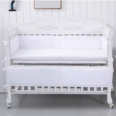 Bộ 4 món đệm chắn cũi cho bé, chất liệu lưới thoáng khí và cotton mềm mại, bao gồm tấm che thanh chắn cũi và miếng đệm an toàn, phù hợp cho giường trẻ sơ sinh và trẻ nhỏ, màu trắng, hồng, xám, xanh dương.