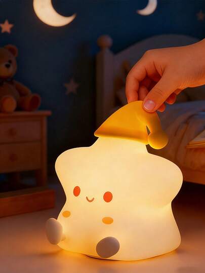 1 pieza Luz nocturna de estrella, lámpara de guardería de silicona suave, brillo de 7 colores, control táctil, recargable, regalo de cumpleaños, decoración de habitación de bebé