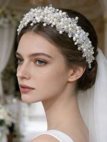 1件手工珍珠水晶串珠发箍，适合婚礼、日常佩戴及其他场合。 - 銀色 - 查看 4