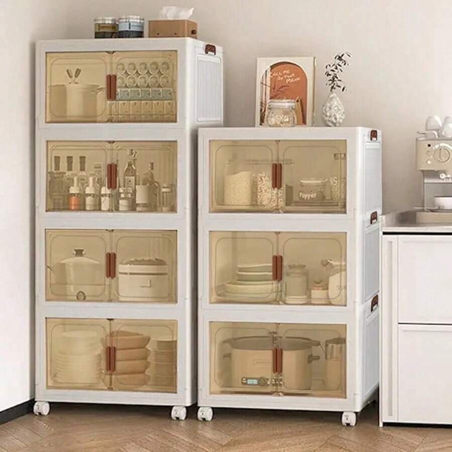 Large Stackable Storage Box With Lid And Wheels, Folding Storage Box, Plastic With Door, Suitable For Wardrobes, Homes And Offices, Can Store Clothes, Snacks, Toys And Books - 白色五層 - 查看 1