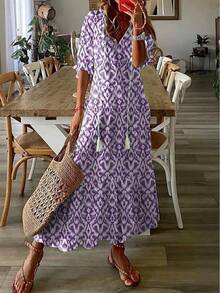 2026 European And American Bestseller Casual Sweet Loose V-Neck Printed Fringed Mid-Sleeve Long Dress For Women - 白色4 - 查看 9