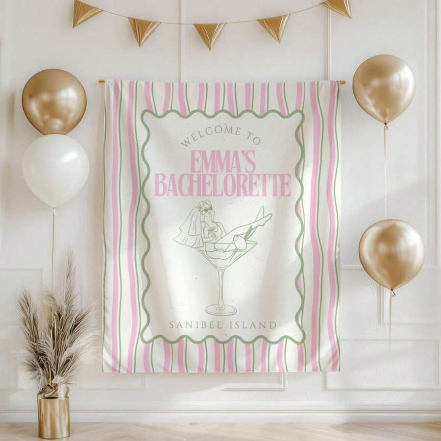 1PC Custom Bachelorette Banner Personalized Bachelorette Party Tapestry Bridal Shower Backdrop Bride Party Sign Social Club Bachelorette Decor - White - View 1
