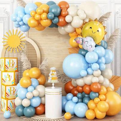 131件复古蓝黄波西米亚风气球拱门套装，适用于向日葵主题婚礼和生日派对装饰、室内外派对装饰以及夏季派对装饰。秋季缤纷多彩的迎婴派对和一周岁生日派对装饰。