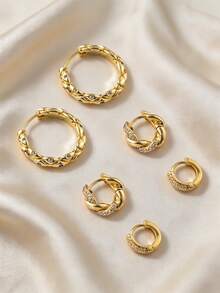 6pcs Fashion Personalized Copper Electroplated 18K Gold Inlaid Cubic Zirconia Twisted Round Dangle Earrings Set, Suitable For Women's Daily Wear Jewelry Accessories, Gift For Friends, Birthday - Yellow Gold - View 7