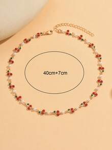 1件优雅时尚红色滴釉樱桃仿珍珠项链，金属颈链，迷人女士颈饰，适合日常佩戴、装饰、派对、音乐节、拍照。手工链条可裁剪至所需长度。 - 多色 - 查看 4
