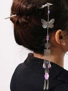 1个优雅复古中式紫色镂空花朵蝴蝶金属发夹，新款中式汉服/旗袍发饰，头饰，发髻延长，发型发夹 - 銀色 - 查看 2