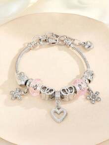 1件装时尚百搭女士DIY串珠畅销合金熊心形水晶花朵吊坠铜链手链 - 奢华女士魅力饰品，适合日常和派对佩戴 - 彩色 - 查看 3