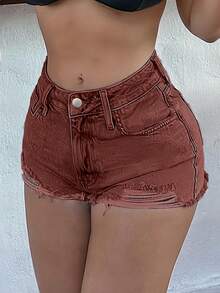 Women's Casual Pocketed Button Distressed Denim Shorts, Versatile For Daily Wear - Brown - View 2