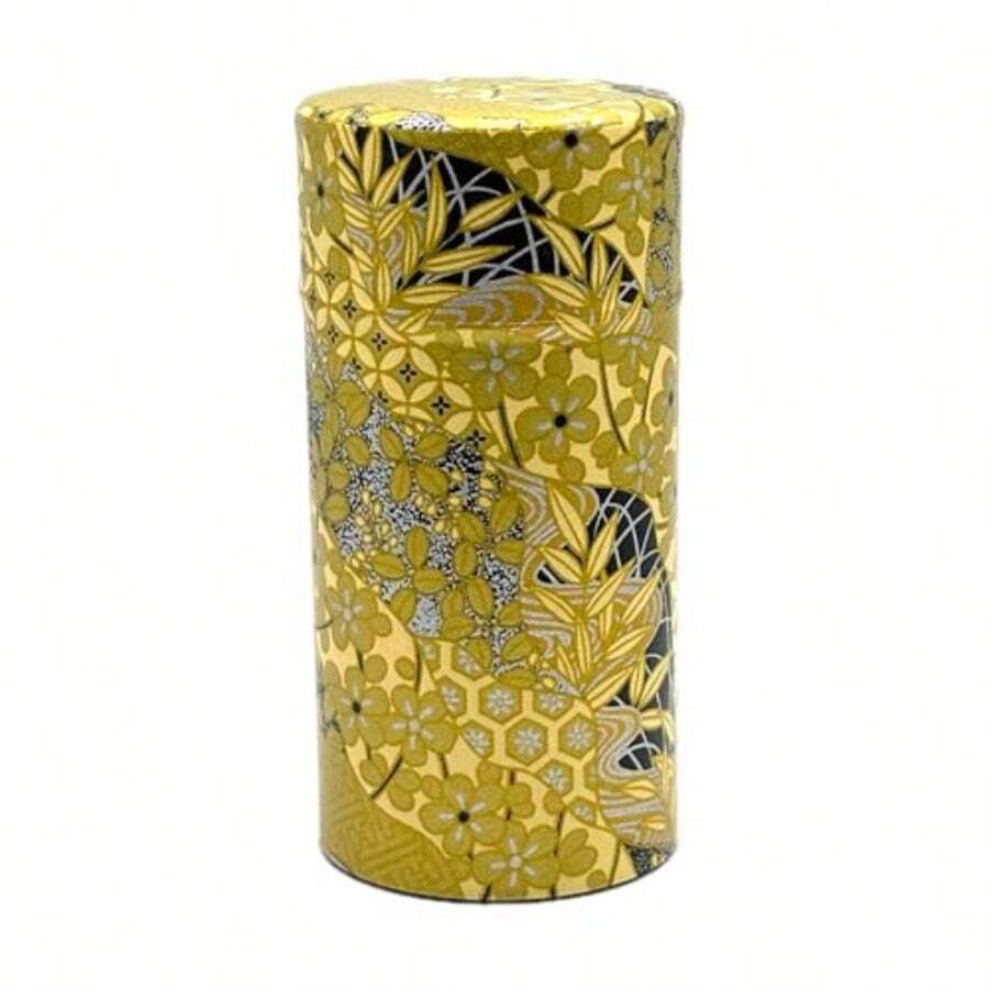 Bote de té japonés con patrón dorado doble tapa papel washi japonés capacidad de té 200 g almacenamiento de té de hojas sueltas con tapa - Oro - Ver 1