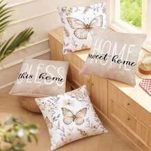 MEMNUN 4件套水彩蝴蝶结图案“家，甜蜜的家 & 家是你故事的开始”印花抱枕套（不含枕芯），采用桃绒面料，单面印花，枕套尺寸：17.7*17.7英寸（45*45厘米）/19.69*19.69英寸（50*50厘米）/15.75*15.75英寸（40*40厘米），家居装饰抱枕套，卧室装饰枕套，礼品 - 彩色 - 查看 6