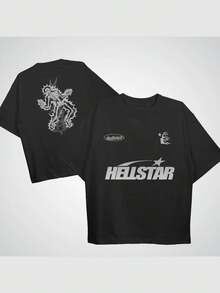 Hellstars Spiked Skeleton Star Logo Retro T-Shirt Double Sided Printed (220g 100% Cotton T-Shirt), Summer Clothes, Women's Tops, Casual And Comfortable, Fashionable Graphic Tee, Unisex Style - Black - View 1