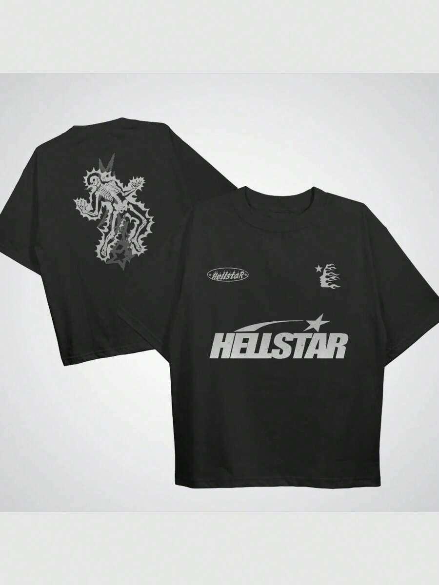 Hellstars Spiked Skeleton Star Logo Retro T-Shirt Double Sided Printed (220g 100% Cotton T-Shirt), Summer Clothes, Women's Tops, Casual And Comfortable, Fashionable Graphic Tee, Unisex Style - Black - View 1